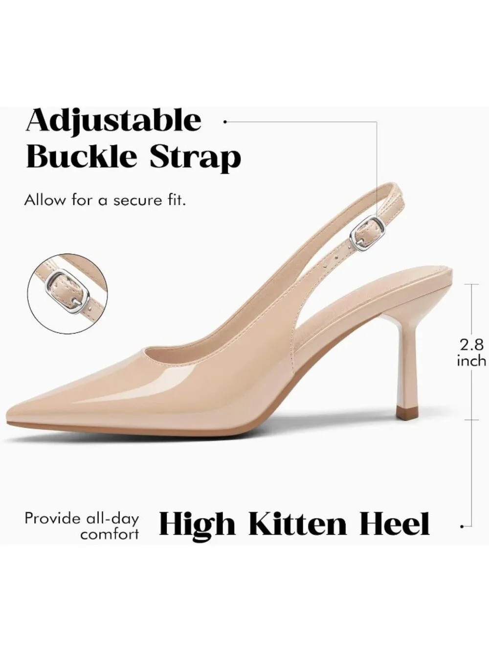 Women's Nude Rubber Slingback Kitten Heels Closed Pointed Toe Buckle Pumps
